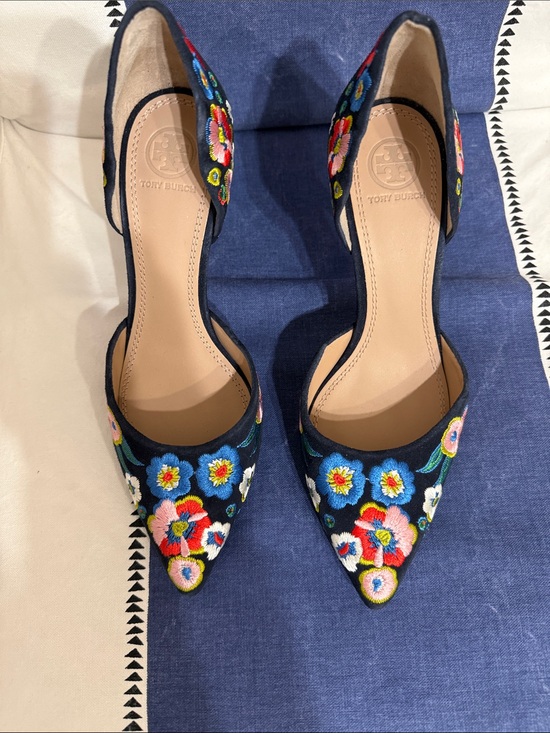 Tory Burch Shoes - Tory Burch Navy Pointed-Toe D'Orsay Heels with Multicolor Floral Embroidery